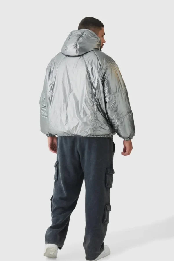 boohooMAN Plus Oversized Metallic Hooded Puffer Jacket In | Man | Coats & Jackets