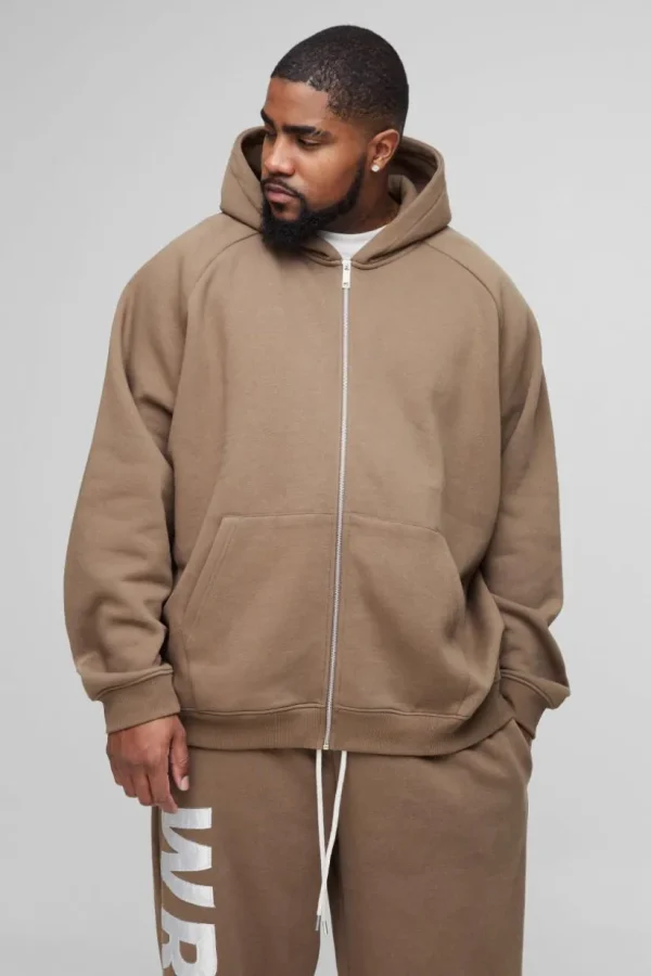 boohooMAN Plus Oversized Raglan Satin Applique WRLDWD Zip Thru Hoodie | Hoodies & Sweats