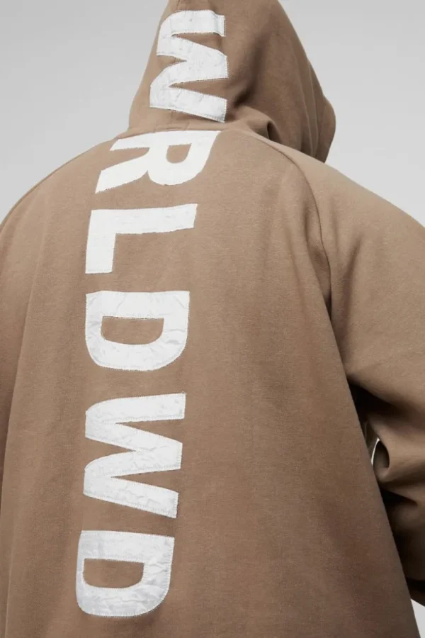 boohooMAN Plus Oversized Raglan Satin Applique WRLDWD Zip Thru Hoodie | Hoodies & Sweats