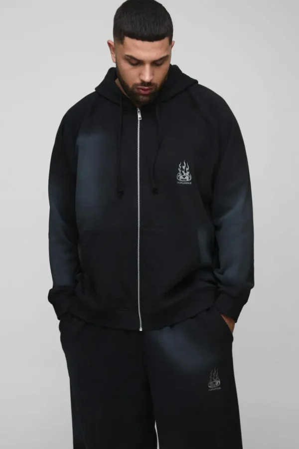 boohooMAN Plus Oversized Raglan Zip Thru Embroidered Spray Wash Hooded Tracksuit | Tracksuits