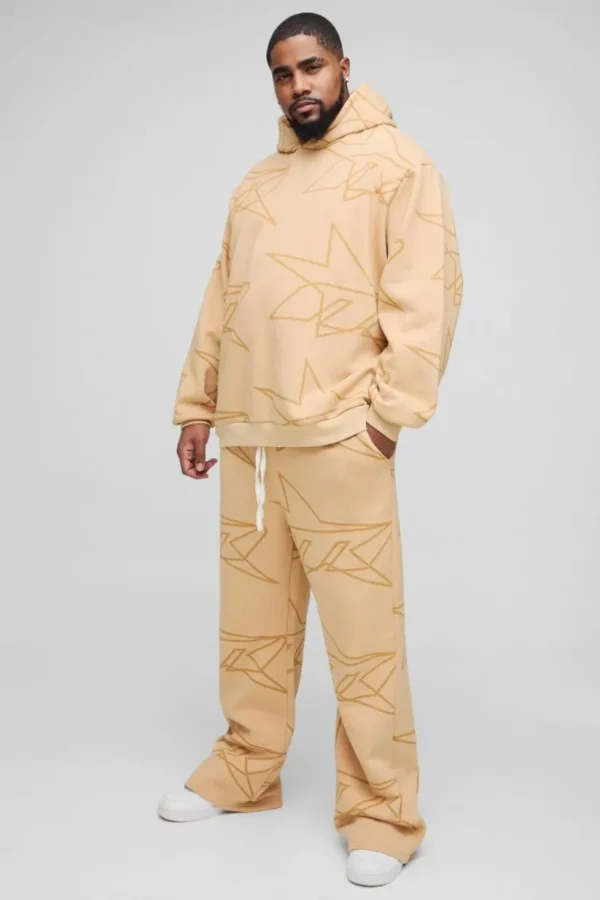 boohooMAN Plus Oversized Star All Over Printed Gusset Flare Hooded Tracksuit | Tracksuits