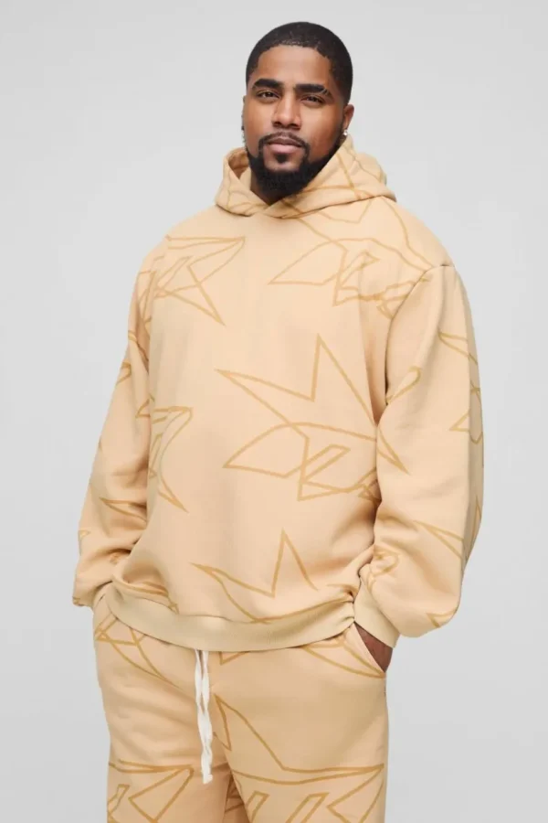 boohooMAN Plus Oversized Star All Over Printed Gusset Flare Hooded Tracksuit | Tracksuits