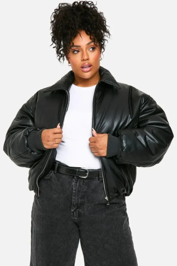 boohoo Plus Padded Faux Leather Bomber Jacket | Women Shirts | Foundation