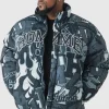 boohooMAN Plus Printed Funnel Neck Mesh Puffer Jacket In | Man