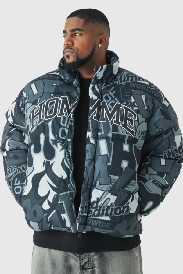 boohooMAN Plus Printed Funnel Neck Mesh Puffer Jacket In | Man