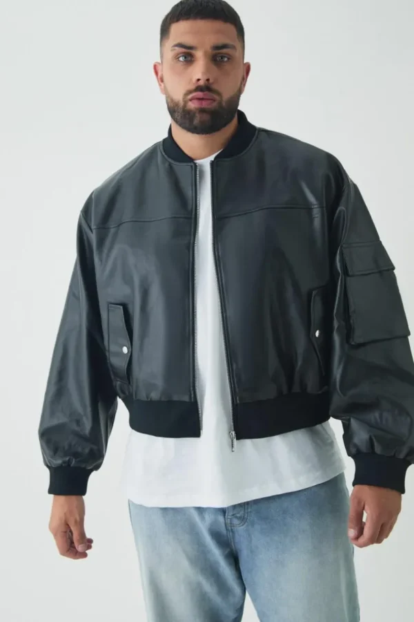 boohooMAN Plus PU Boxy Oversized Cargo Bomber Jacket | Man | Coats & Jackets