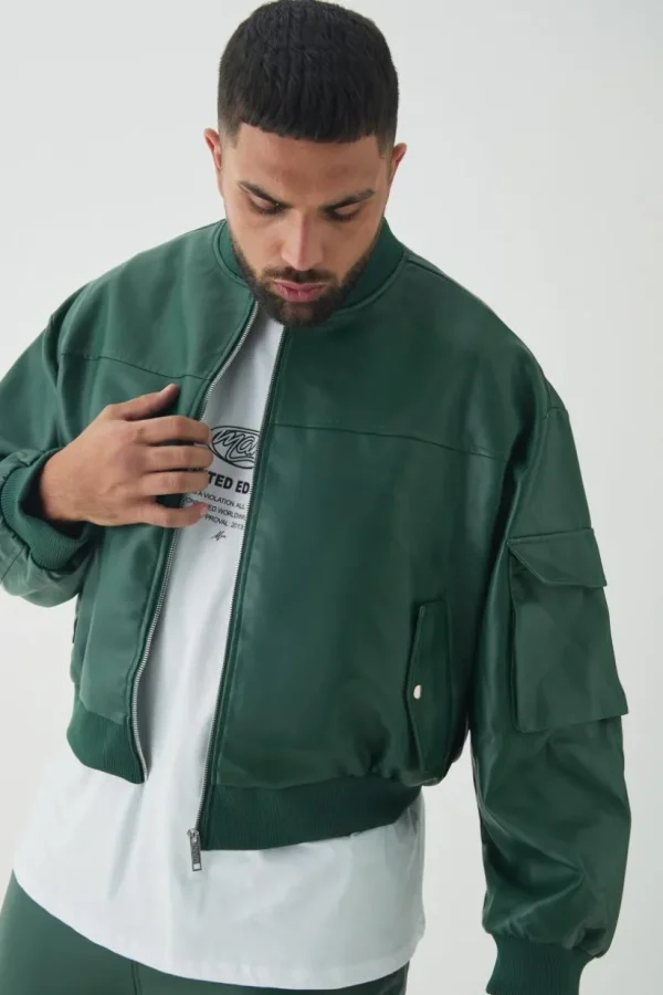 boohooMAN Plus PU Boxy Oversized Cargo Bomber Jacket | Man | Coats & Jackets