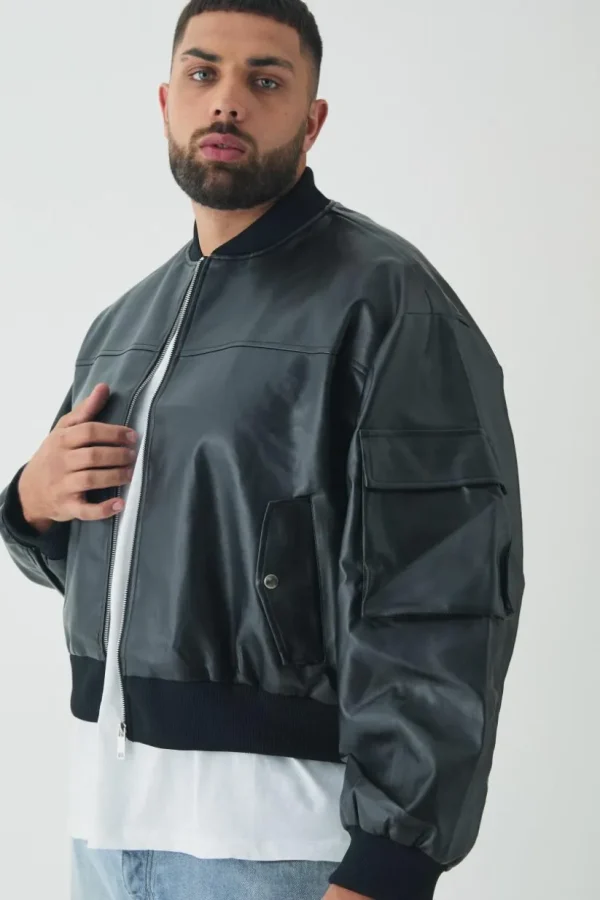 boohooMAN Plus PU Boxy Oversized Cargo Bomber Jacket | Man | Coats & Jackets