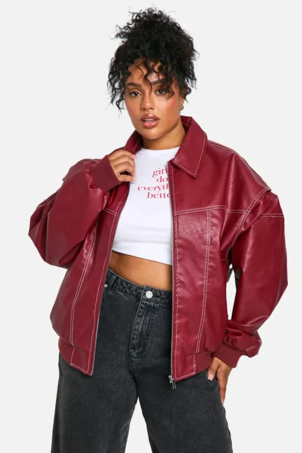 boohoo Plus Pu Contrast Stitch Oversized Bomber Jacket | Women Shirts | Foundation