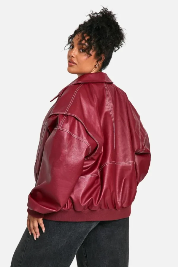 boohoo Plus Pu Contrast Stitch Oversized Bomber Jacket | Women Shirts | Foundation