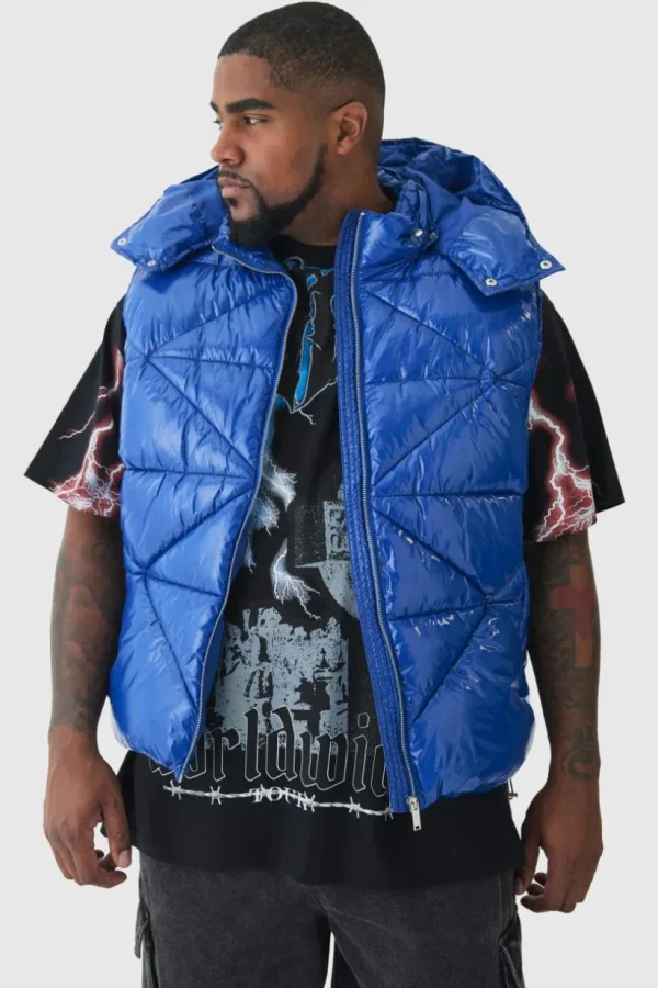 boohooMAN Plus Quilted High Shine Vinyl Hooded Gilet In | Man | Coats & Jackets