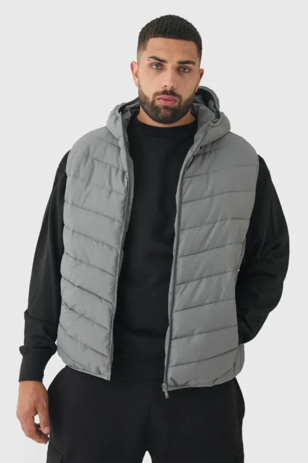 boohooMAN Plus Quilted Zip Through Hooded Gilet In | Man | Coats & Jackets