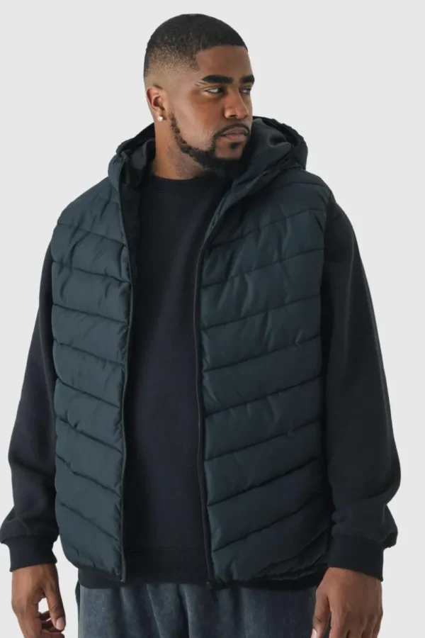 boohooMAN Plus Quilted Zip Through Hooded Gilet In | Man | Coats & Jackets