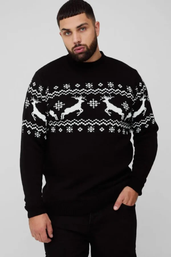 boohooMAN Plus Reindeer Fairisle Panel Christmas Jumper | Knitwear | Going Out Knitwear