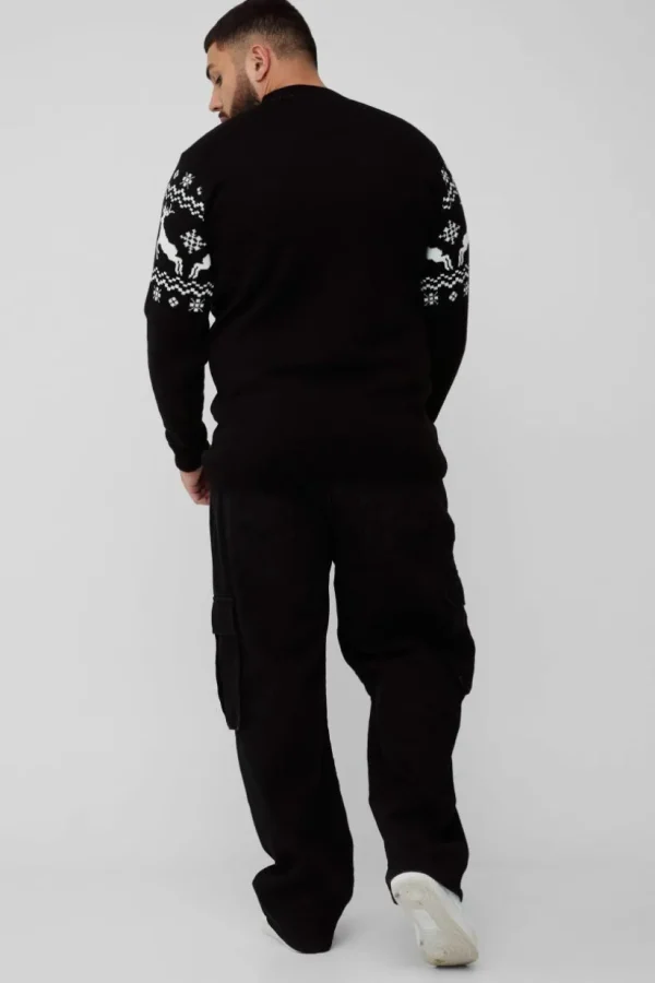 boohooMAN Plus Reindeer Fairisle Panel Christmas Jumper | Knitwear | Going Out Knitwear