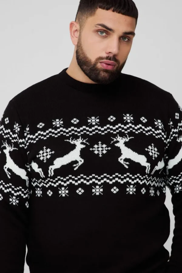 boohooMAN Plus Reindeer Fairisle Panel Christmas Jumper | Knitwear | Going Out Knitwear