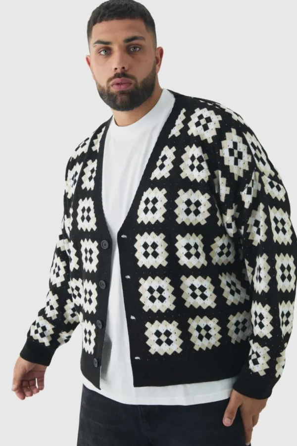 boohooMAN Plus Relaxed Fit Drop Shoulder Crochet Cardigan | Knitwear | Going Out Knitwear