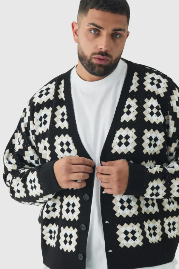 boohooMAN Plus Relaxed Fit Drop Shoulder Crochet Cardigan | Knitwear | Going Out Knitwear