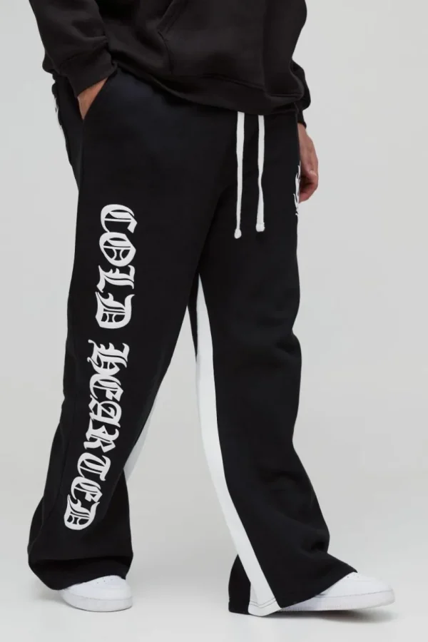 boohooMAN Plus Relaxed Flare Cold Hearted Puff Print Gusset Jogger | Joggers