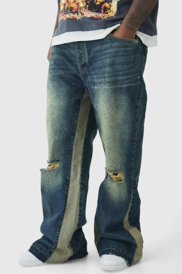 boohooMAN Plus Relaxed Rigid Flare Knee Rip Jeans | Jeans