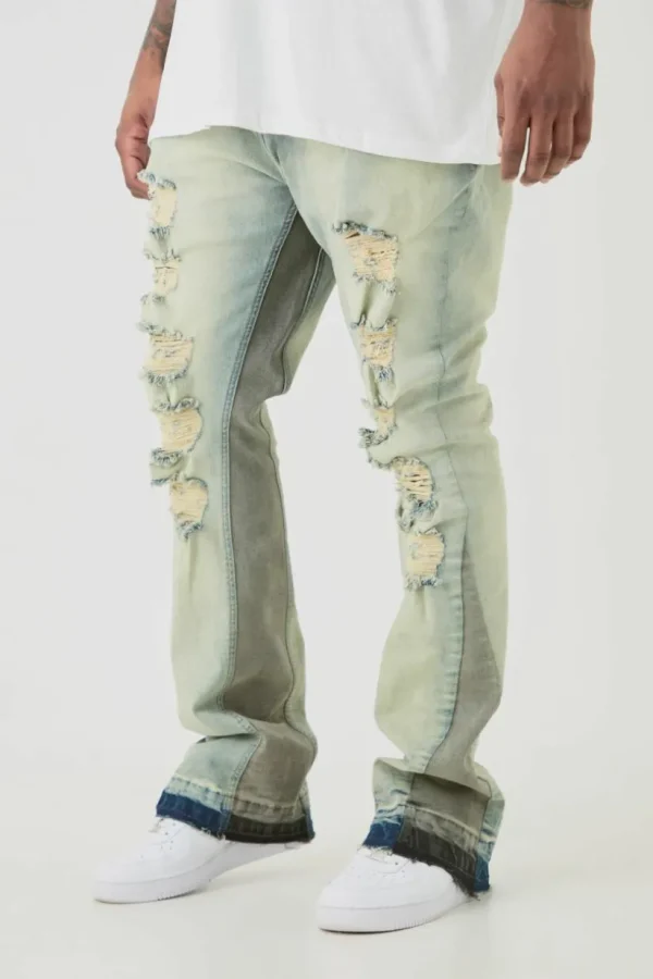 boohooMAN Plus Ripped Gusset Detail Stretch Skinny Flared Jeans | Jeans