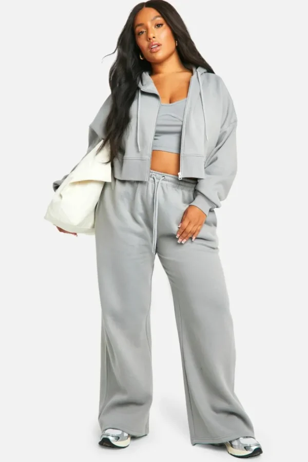 boohoo Plus Seam Detail Crop Top 3 Piece Hooded Tracksuit | Women Shirts | Foundation