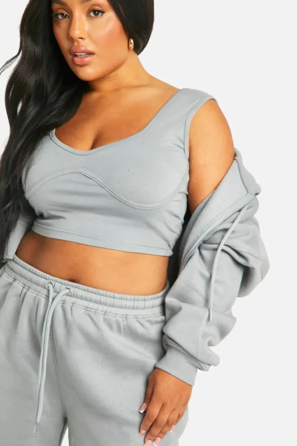 boohoo Plus Seam Detail Crop Top 3 Piece Hooded Tracksuit | Women Shirts | Foundation