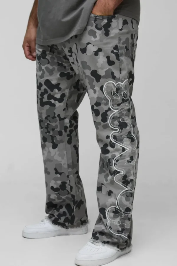 boohooMAN Plus Self Applique Gusset Detail Camo Slim Fit Flared Trousers | Trousers