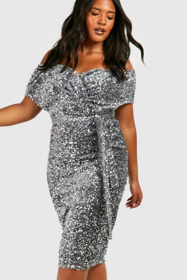 boohoo Plus Sequin Off The Shoulder Wrap Midi Dress | Women Shirts | Foundation