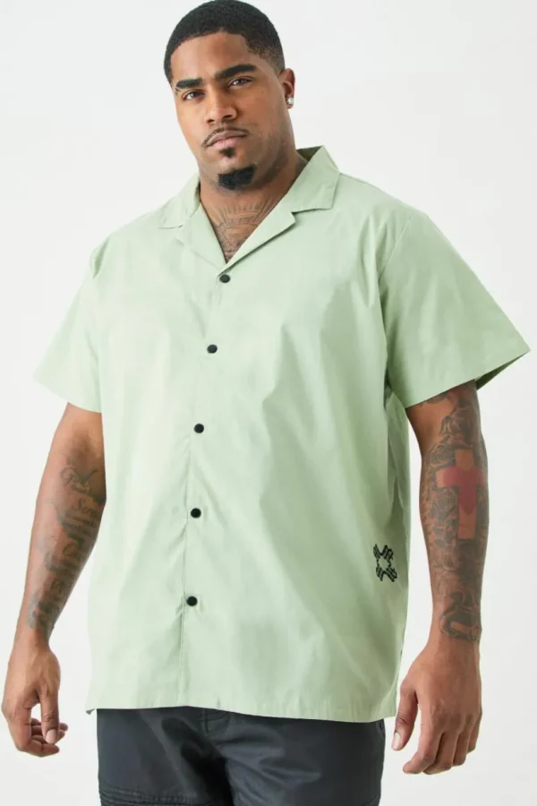 boohooMAN Plus Short Sleeve Drop Revere Back Embroidered Shirt | Shirts | Going Out Shirts