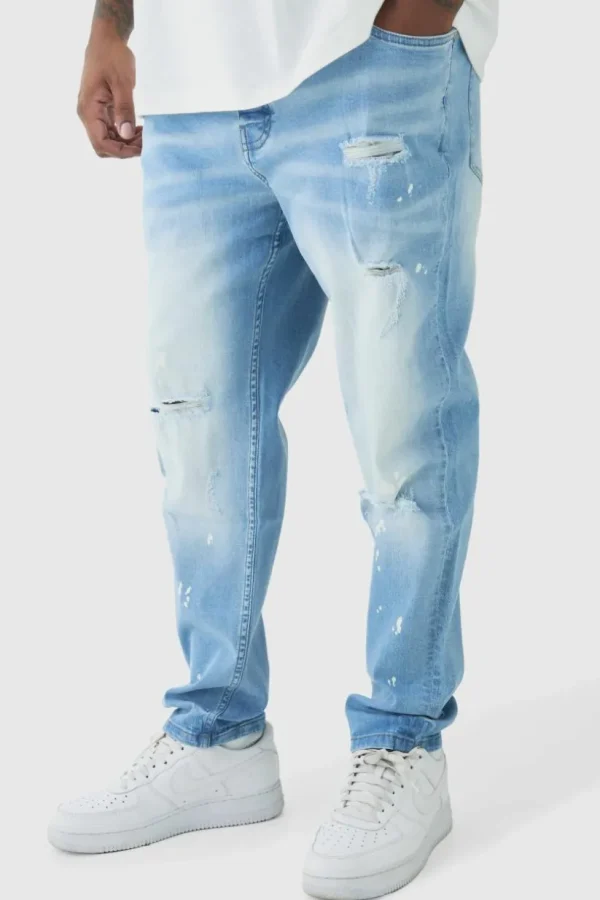 boohooMAN Plus Skinny All Over Ripped Bleached Paint Splatter Jeans | Denim | Going Out Denim