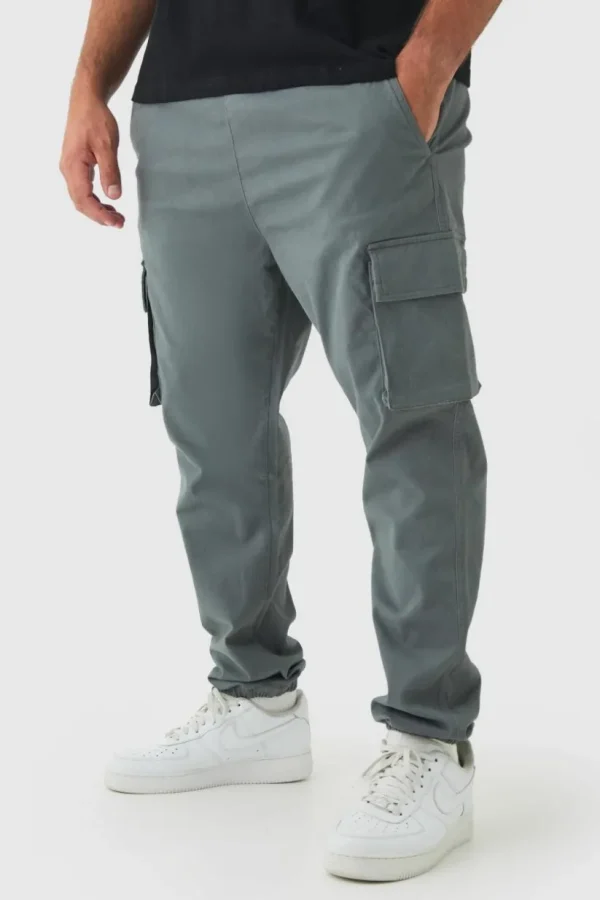 boohooMAN Plus Slim Fit Elasticated Waist Cuffed Cargo Trousers | Trousers