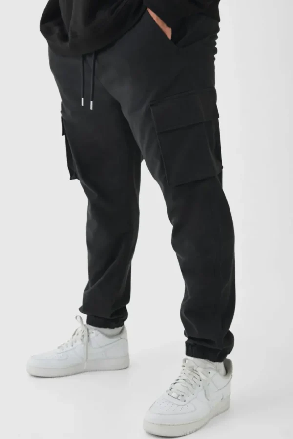 boohooMAN Plus Slim Fit Elasticated Waist Cuffed Cargo Trousers | Trousers | Cargo Trousers