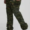 boohooMAN Plus Slim Stacked Flare Multi Cargo Camo Bandana Trouser | Trousers