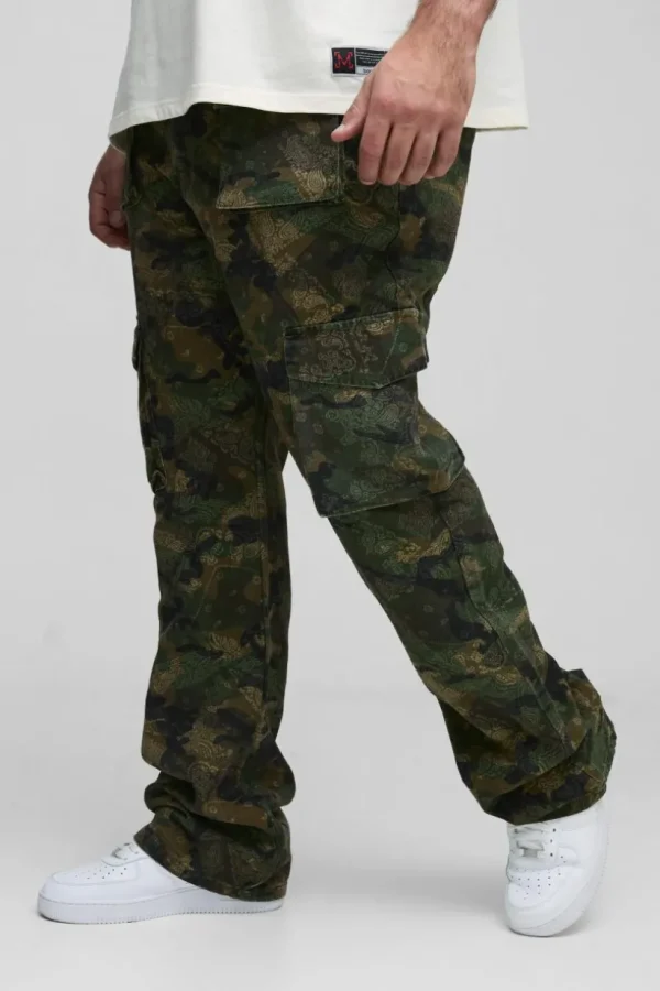 boohooMAN Plus Slim Stacked Flare Multi Cargo Camo Bandana Trouser | Trousers