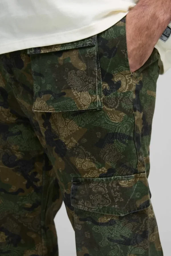 boohooMAN Plus Slim Stacked Flare Multi Cargo Camo Bandana Trouser | Trousers