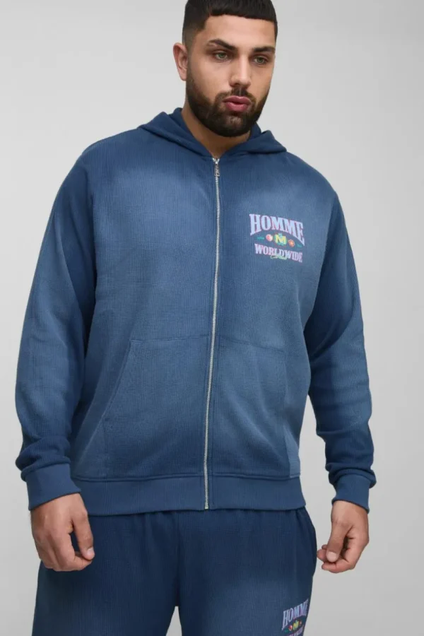 boohooMAN Plus Spray Wash Waffle Graphic Zip Up Hoodie | Hoodies & Sweats