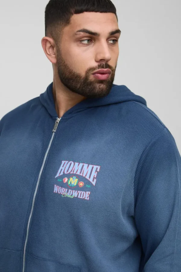 boohooMAN Plus Spray Wash Waffle Graphic Zip Up Hoodie | Hoodies & Sweats