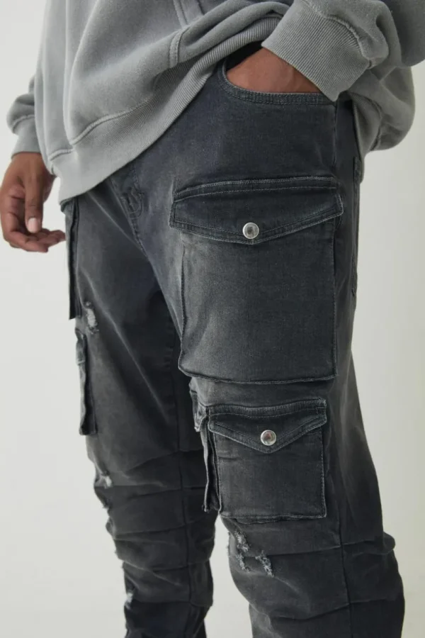 boohooMAN Plus Stacked Multi Cargo Pocket Flared Jeans | Denim | Going Out Denim