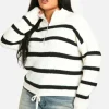 boohoo Plus Stripe Drawstring Zip Funnel Neck Jumper | Women Shirts | Foundation