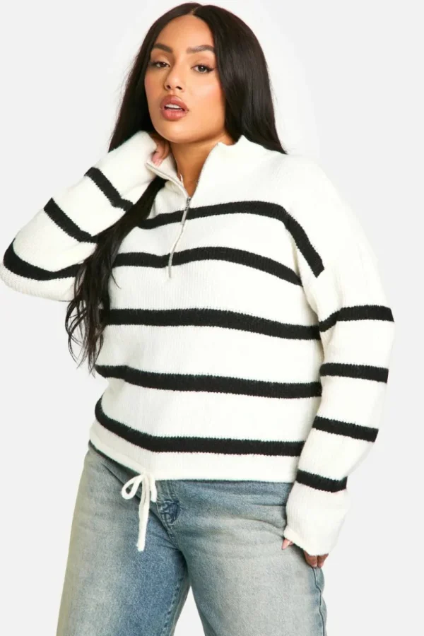 boohoo Plus Stripe Drawstring Zip Funnel Neck Jumper | Women Shirts | Foundation