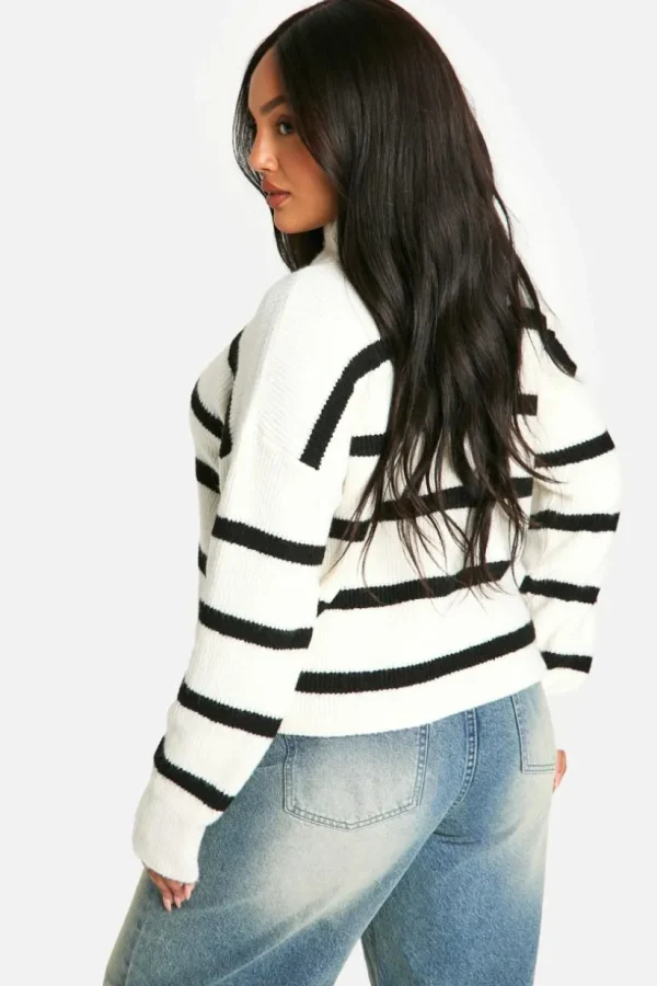 boohoo Plus Stripe Drawstring Zip Funnel Neck Jumper | Women Shirts | Foundation