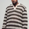 boohooMAN Plus Stripe Knitted Rugby Polo | Knitwear | Going Out Knitwear