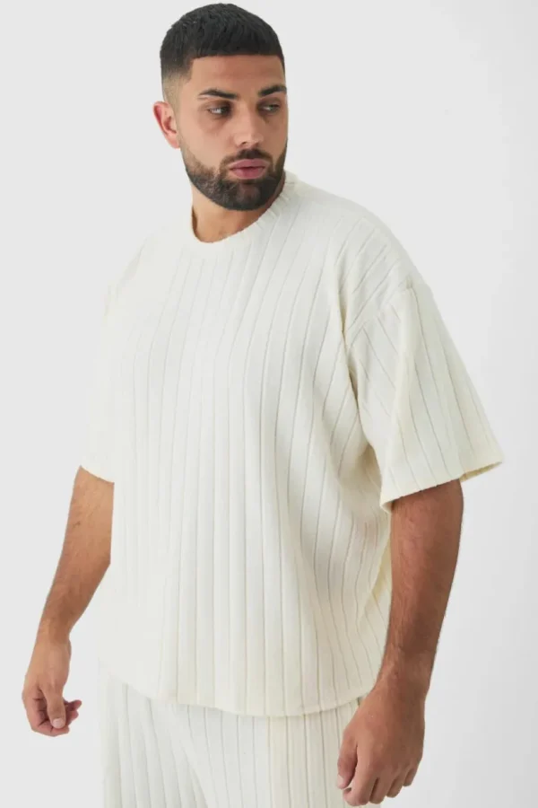 boohooMAN Plus Supersoft Rib Oversized T-Shirt & Jogger Lounge Set in | Loungewear