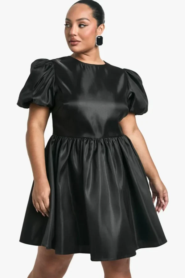 boohoo Plus Taffeta Bow Back Puff Sleeve Skater Dress | Women Shirts | Foundation