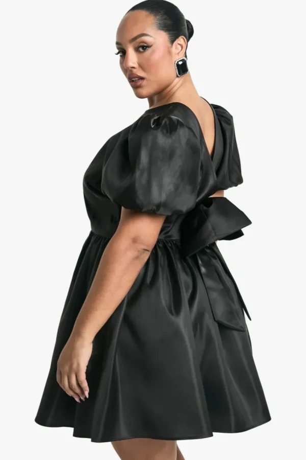 boohoo Plus Taffeta Bow Back Puff Sleeve Skater Dress | Women Shirts | Foundation