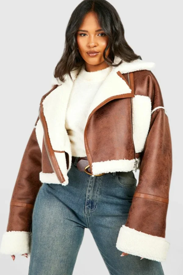 boohoo Plus Teddy Trim Cropped Aviator Jacket | Women Shirts | Foundation