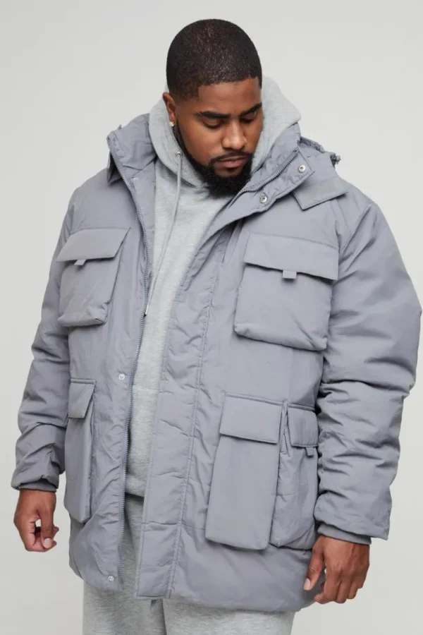 boohooMAN Plus Utility Pocket Hooded Parka Jacket In | Man | Coats & Jackets