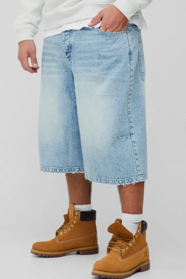 boohooMAN Plus Washed Distressed Hem Jorts | Shorts