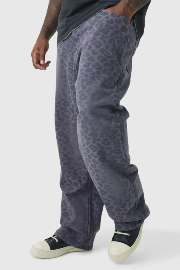 boohooMAN Plus Washed Leopard Relaxed Fit Jeans | Jeans